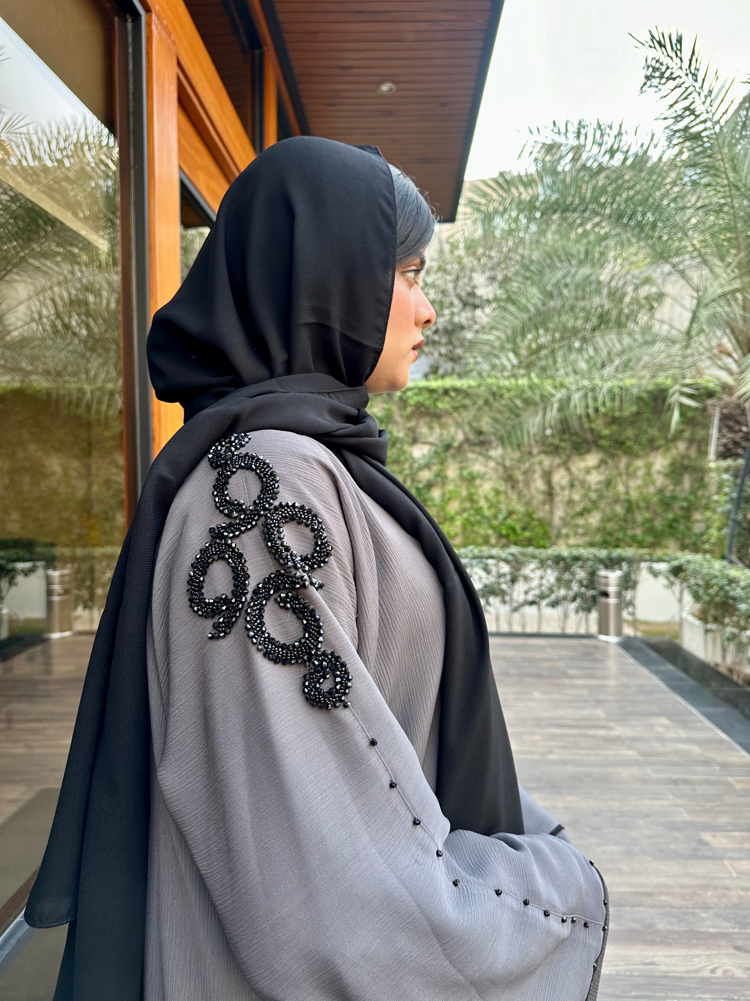 Elegant Grey Abaya with Black Handwork Detailing