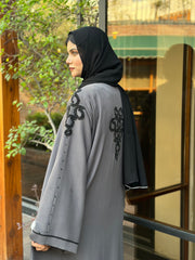 Elegant Grey Abaya with Black Handwork Detailing