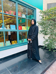 Modern Black Abaya with White Stripe Patterns