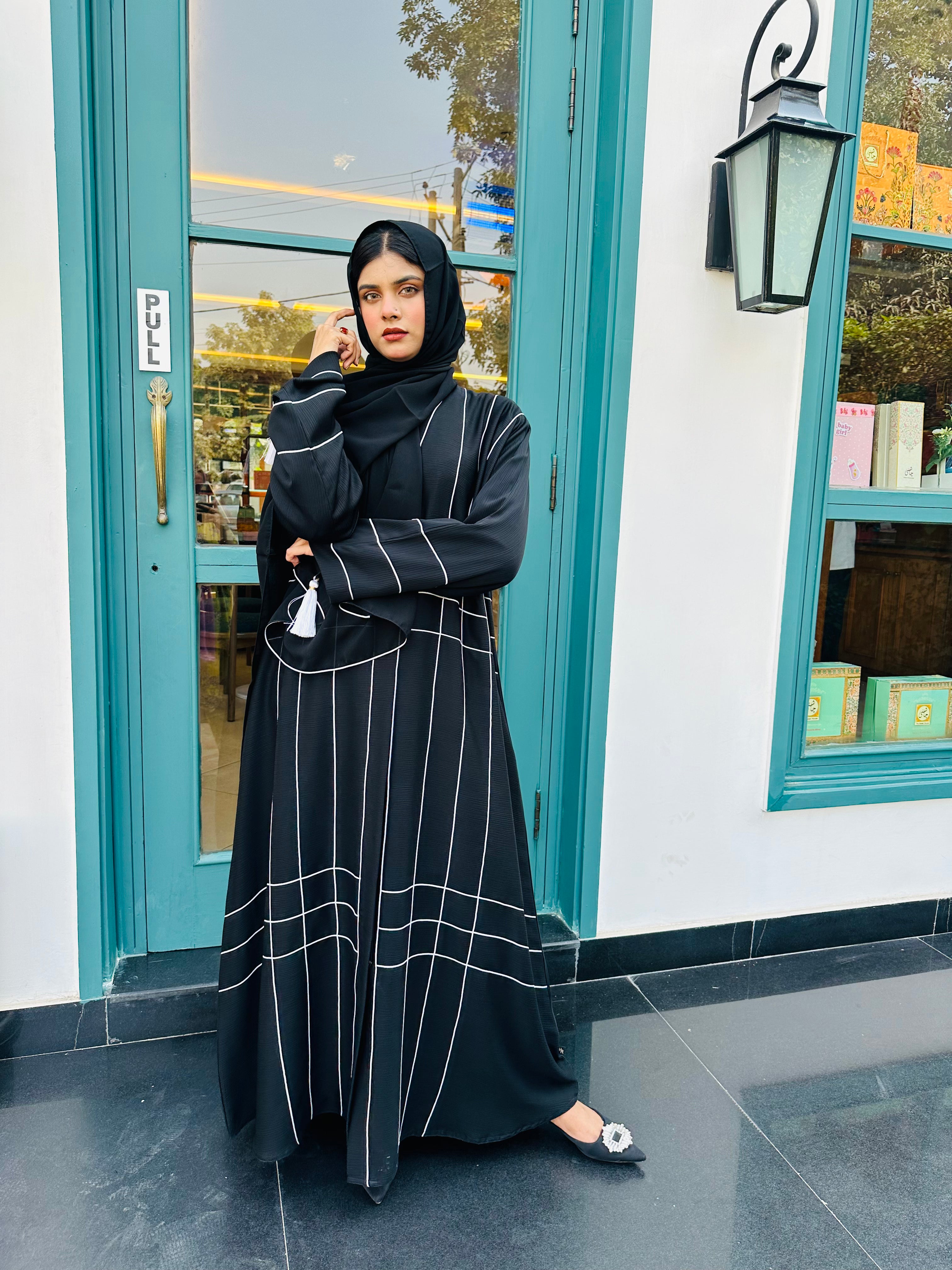 Modern Black Abaya with White Stripe Patterns