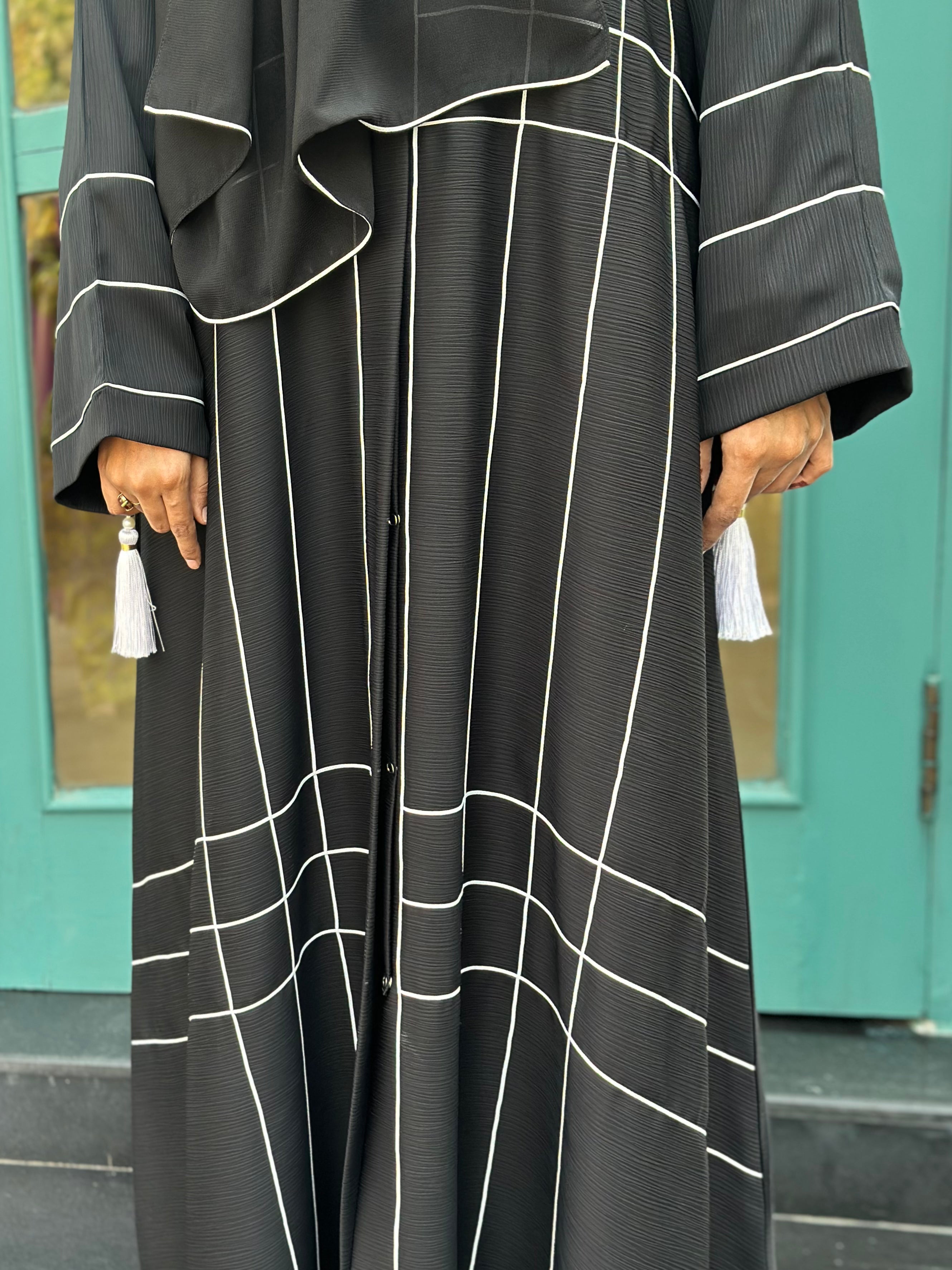 Modern Black Abaya with White Stripe Patterns