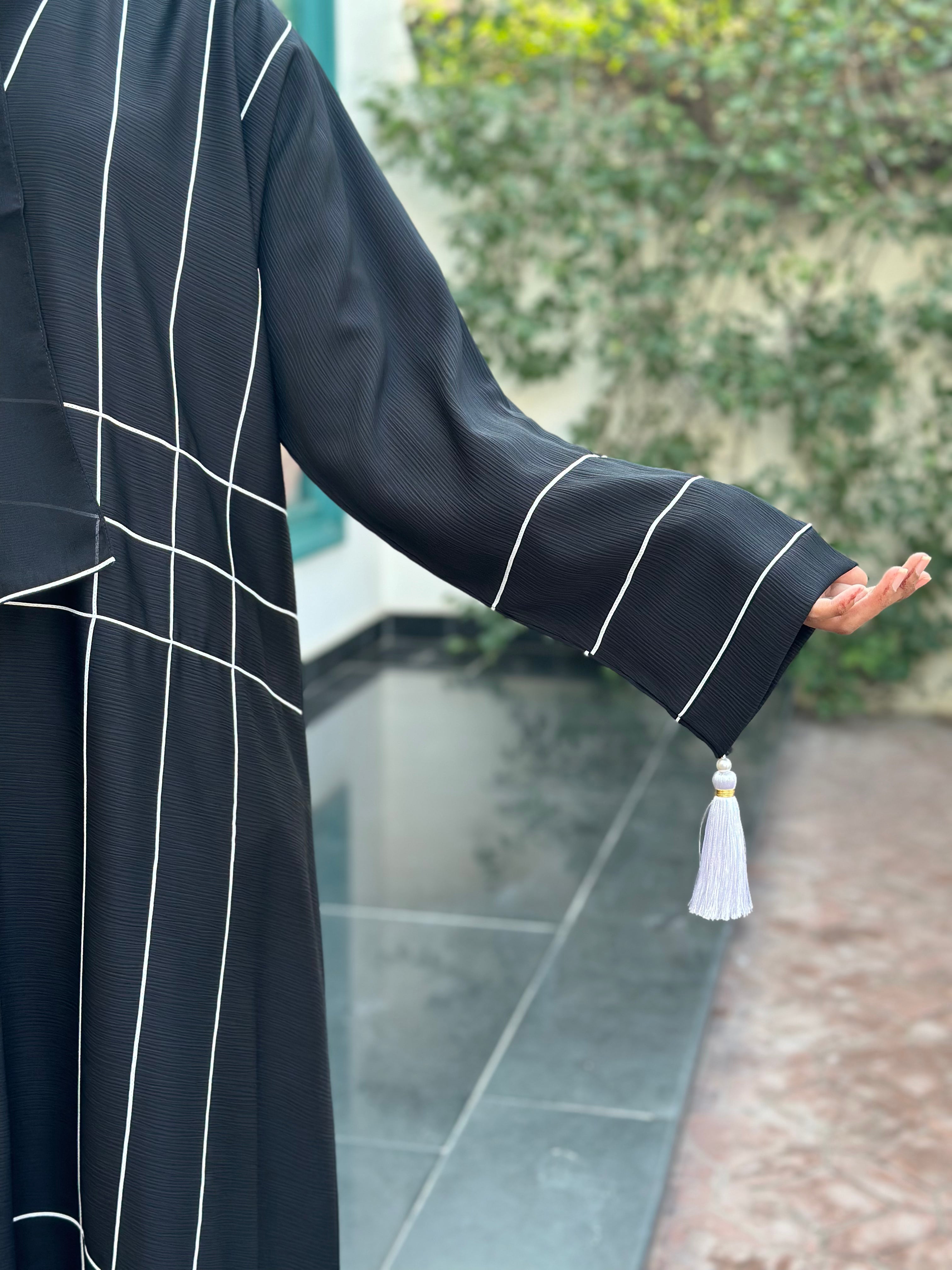 Modern Black Abaya with White Stripe Patterns