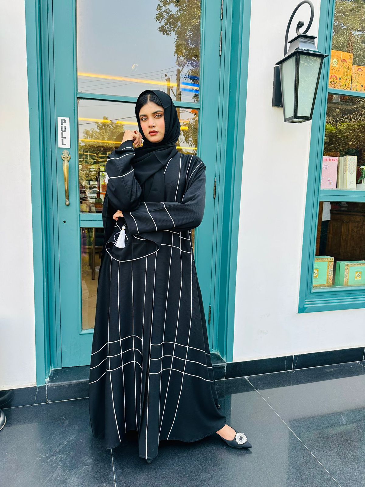 Modern Black Abaya with White Stripe Patterns